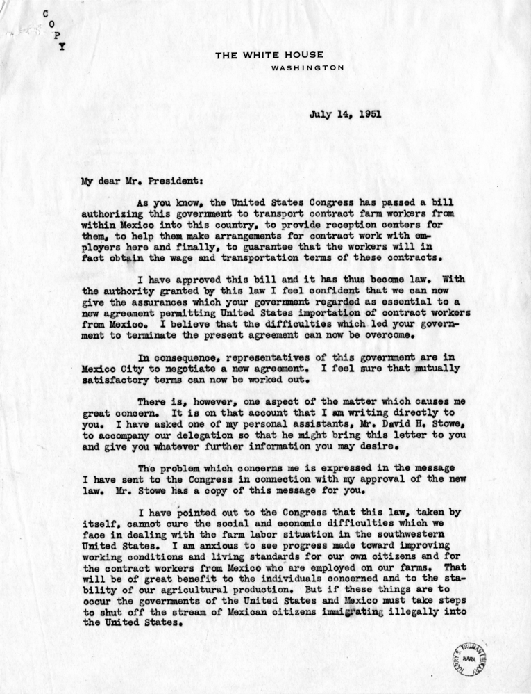 Harry S. Truman to Miguel Aleman