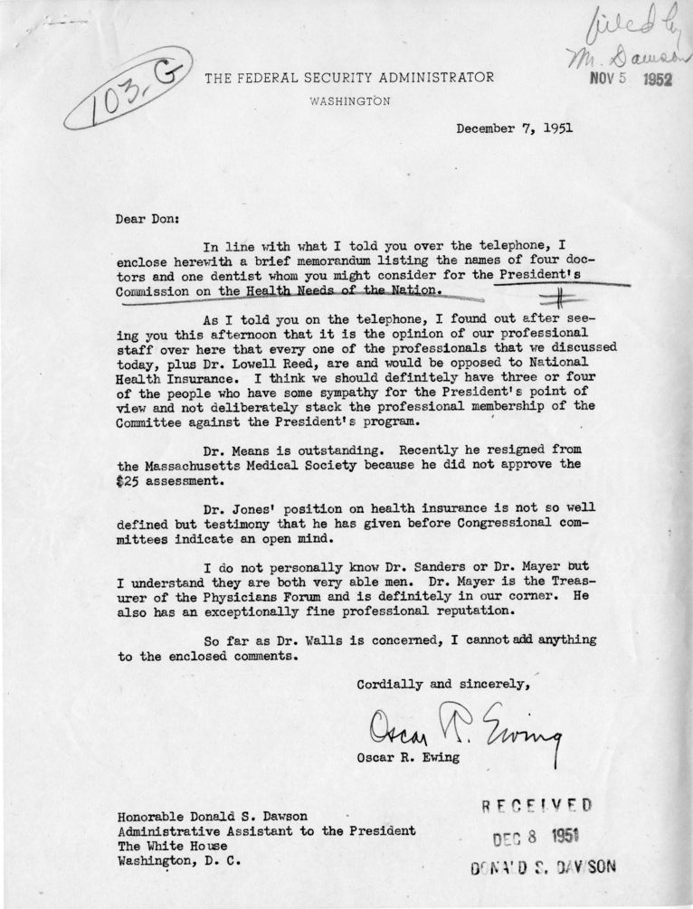 Letter from Oscar R. Ewing to Donald S. Dawson, with Attachment