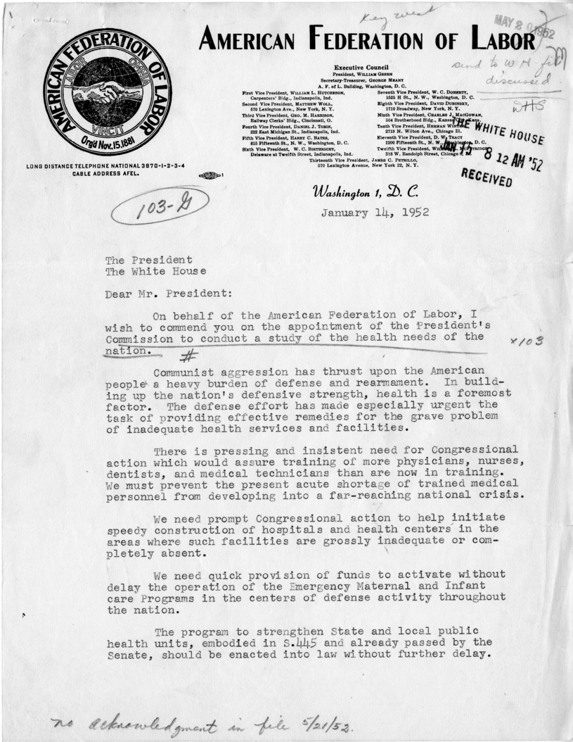 Letter from William Green to President Harry S. Truman