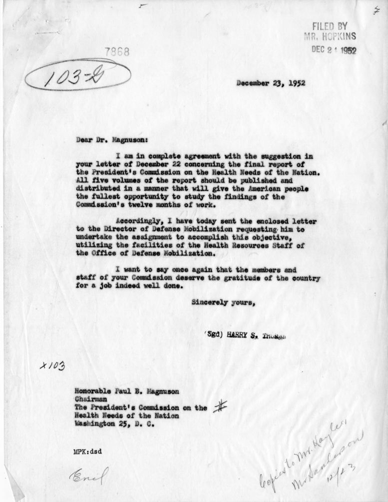 Correspondence Between President Harry S. Truman and Paul B. Magnuson, with Related Material
