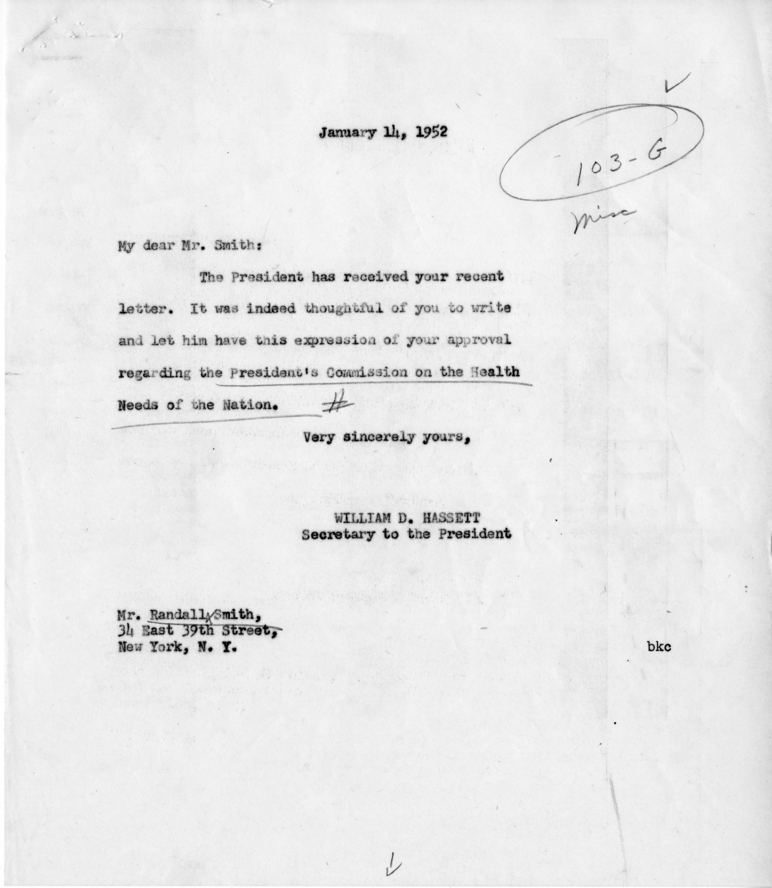 Letter from Randall Smith to Harry S. Truman, with Reply from William D. Hassett