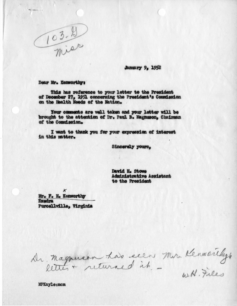 Letter from F. H. Kentworthy to President Harry S. Truman, with Reply from David H. Stowe