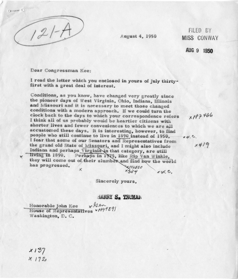 Correspondence Between President Harry S. Truman and Congressman John Kee