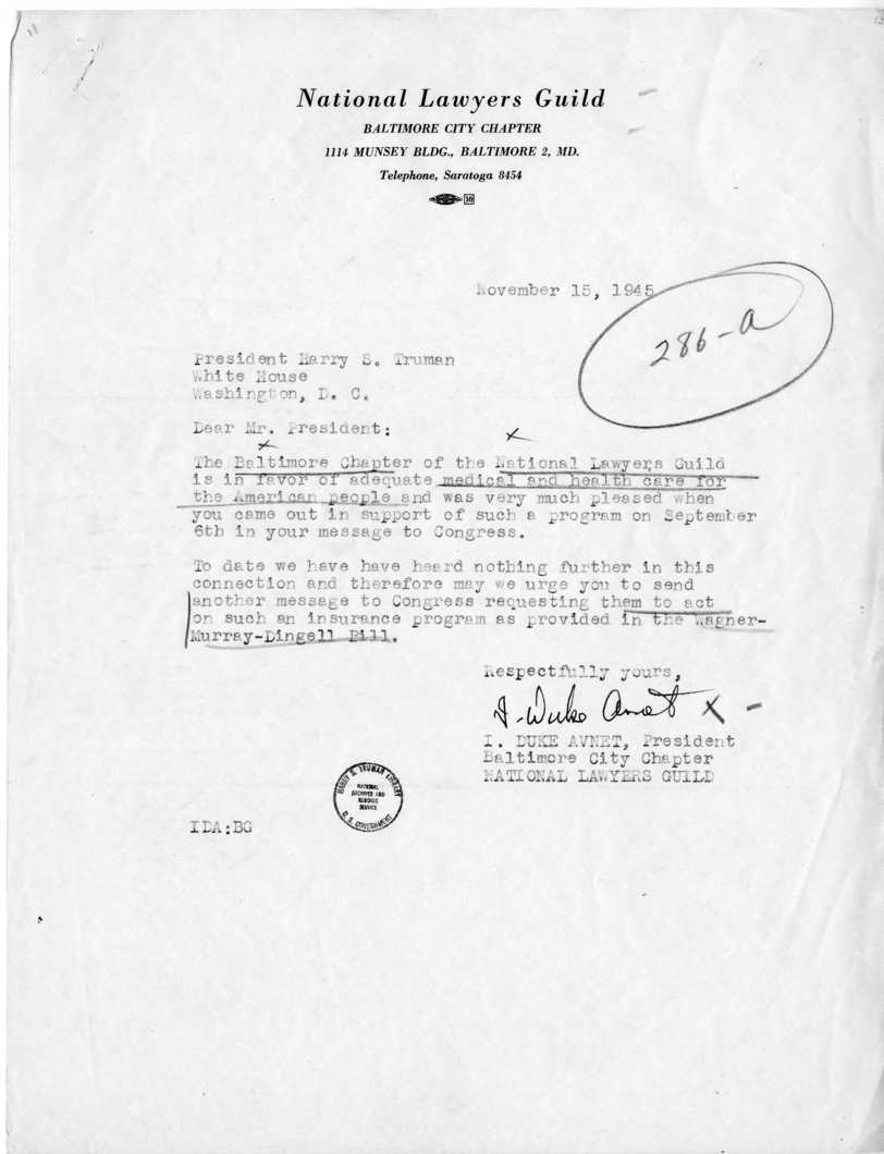 Letter from I. Duke Avnet to President Harry S. Truman, with Reply from William Hassett