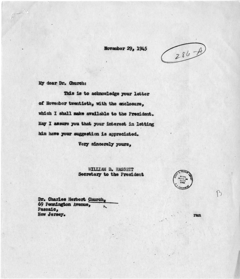 Letter from Charles Herbert Church to President Harry S. Truman, with a Reply from William Hassett