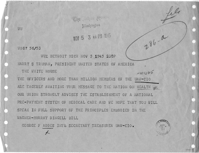 Telegram, George F. Addes to President Harry S. Truman