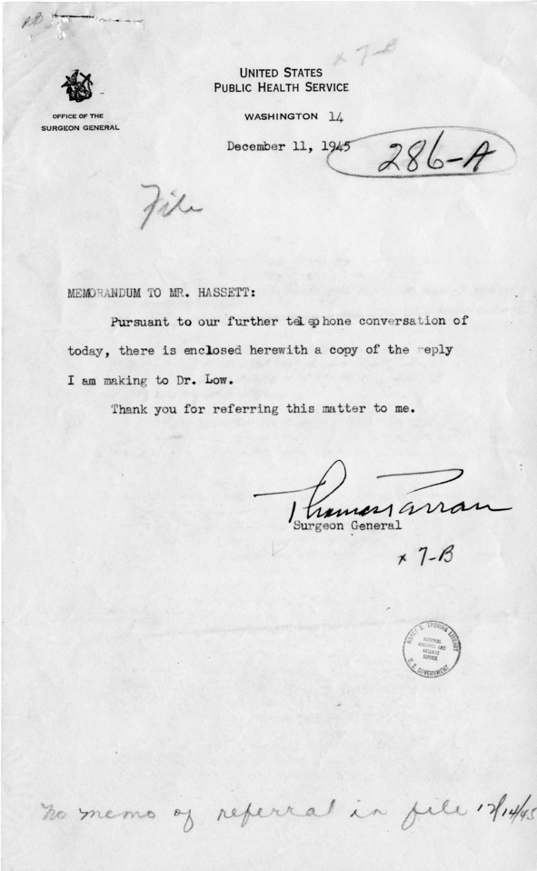 Memorandum from Dr. Thomas Parran to William Hassett, with Attachments