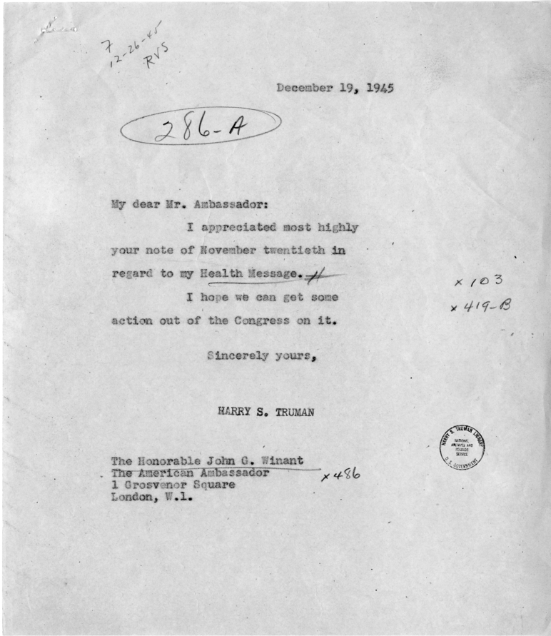 Correspondence Between President Harry S. Truman and Ambassador John G. Winant