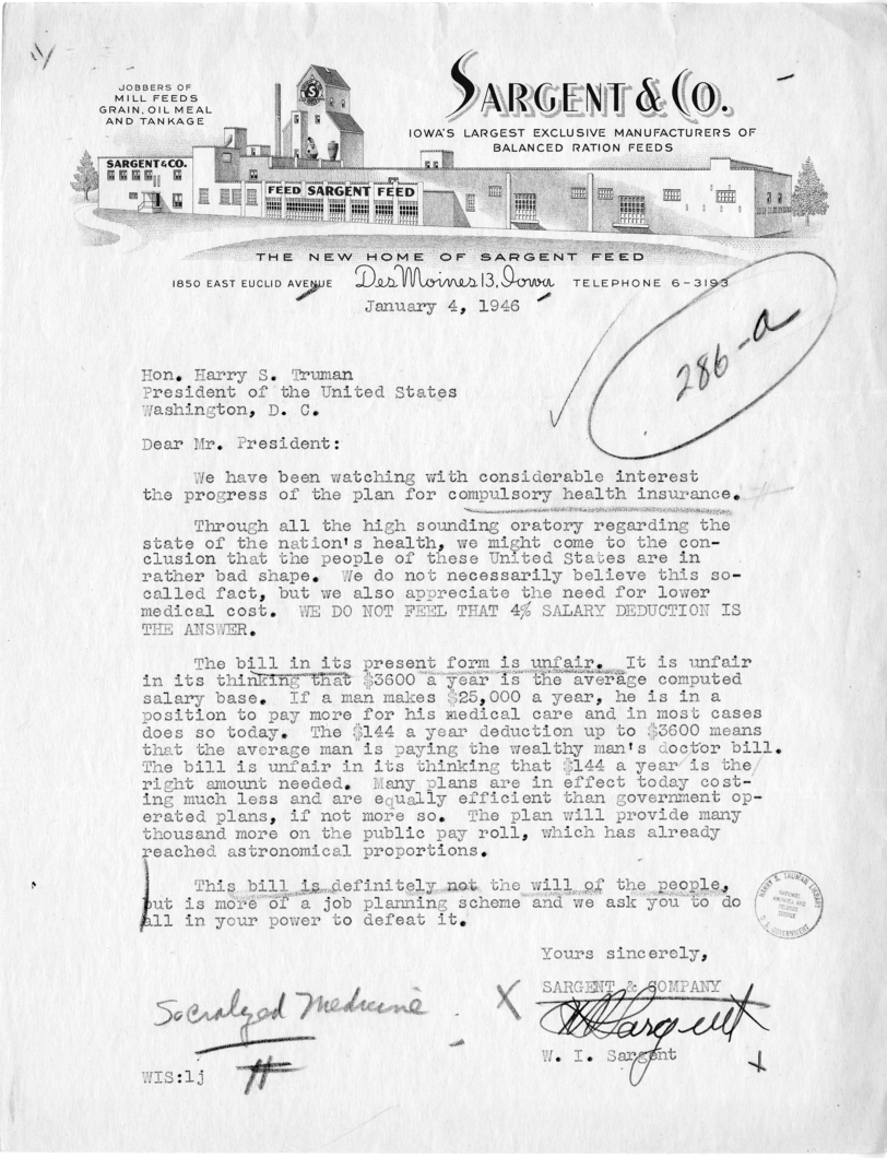 Letter from W. I. Sargent to President Harry S. Truman
