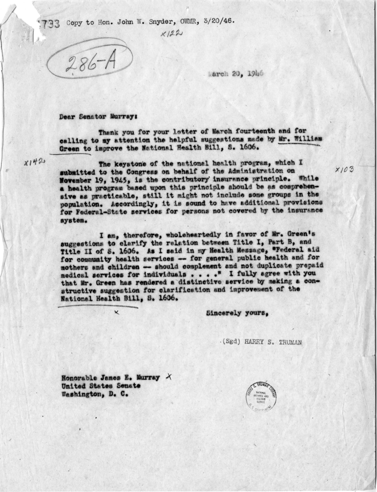Correspondence Between President Harry S. Truman and Senator James Murray