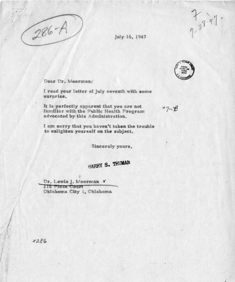 Correspondence Between President Harry S. Truman and Lewis Moorman