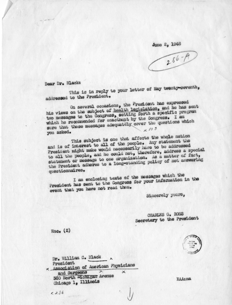 Letter from William C. Black to President Harry S. Truman, with Reply from Charles G. Ross