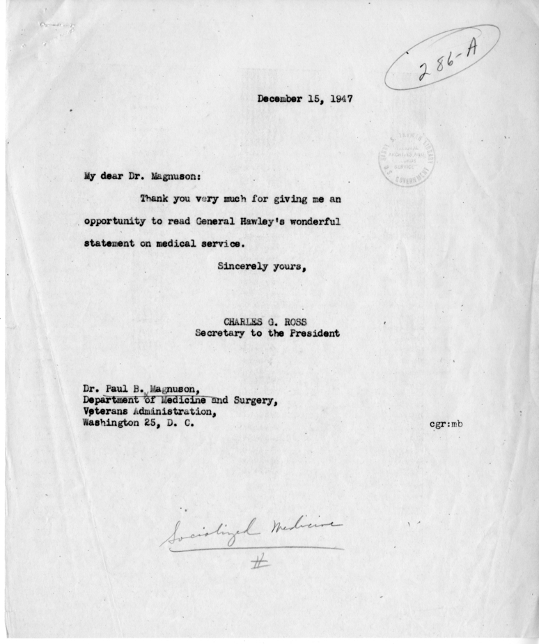 Correspondence Between Charles G. Ross and Paul B. Magnuson, with Attachment