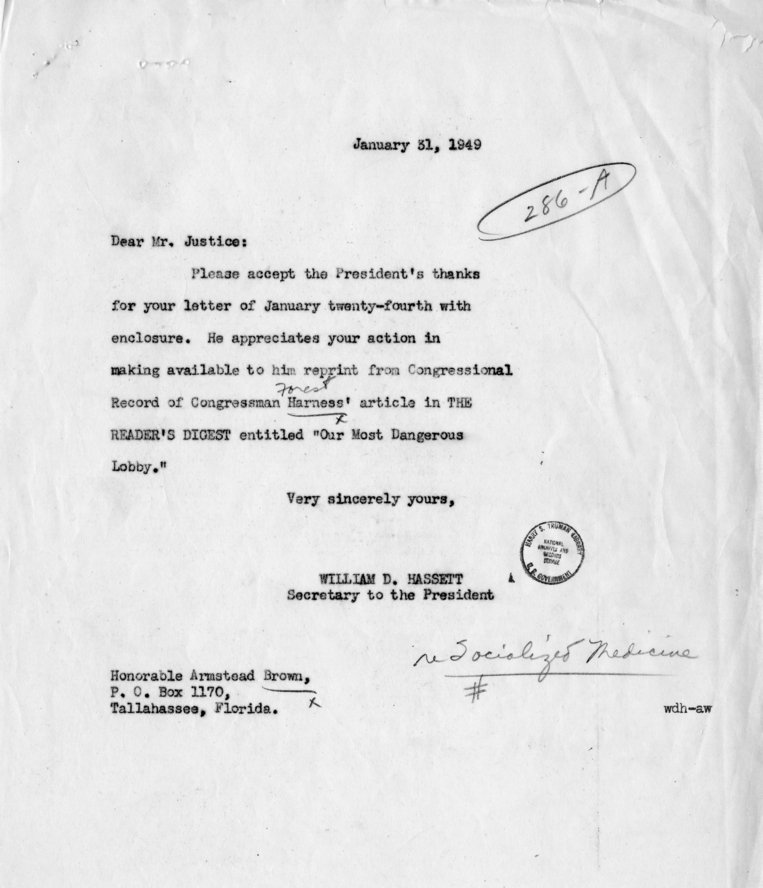 Letter from Armstead Brown to President Harry S. Truman, with Attachment, with Reply from William D. Hassett