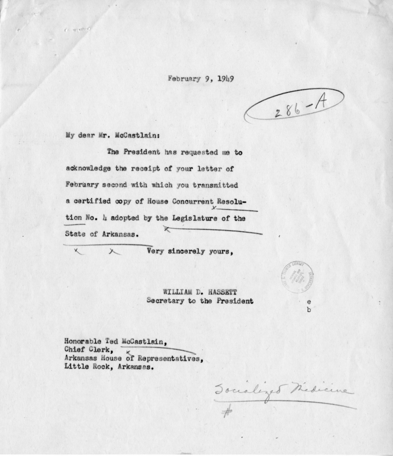 Letter from Ted McCastlain to President Harry S. Truman, with Attachment and Reply from William D. Hassett