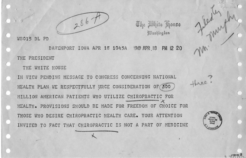 Telegram from B.J. Palmer to President Harry S. Truman