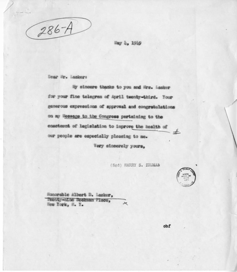 Correspondence Between Harry S. Truman and Albert D. Lasker