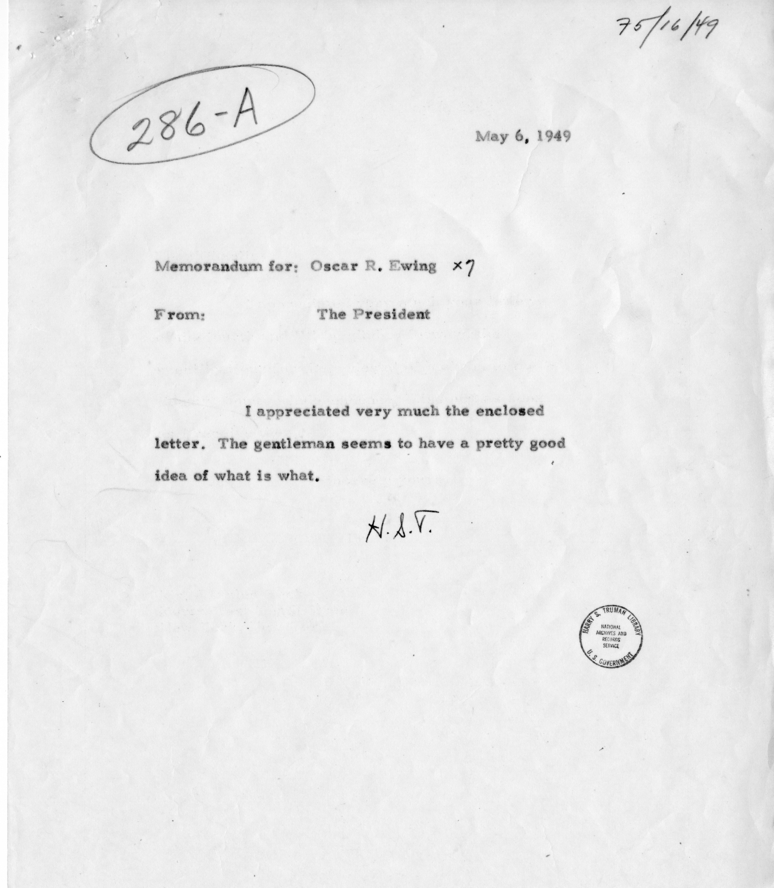 Correspondence Between President Harry S. Truman to Oscar R. Ewing, with Attachment