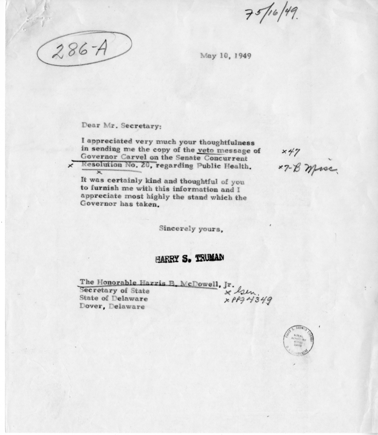 Correspondence Between President Harry S. Truman and Harris B. McDowell, Jr., with Related Material