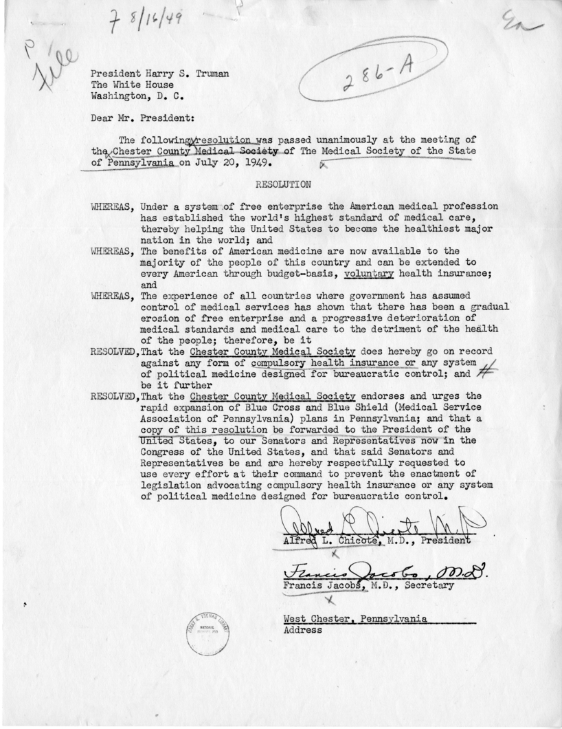 Resolution of the Chester County, Pennsylvania Medical Society to President Harry S. Truman