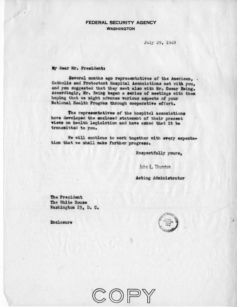 Letter from John L. Thurston to President Harry S. Truman, with Related Material