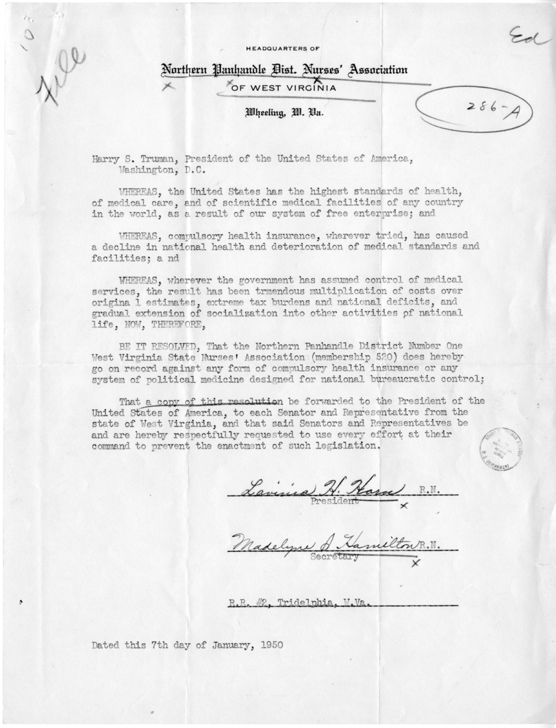 Resolution, Northern Panhandle District Nurses Association of West Virginia to President Harry S. Truman