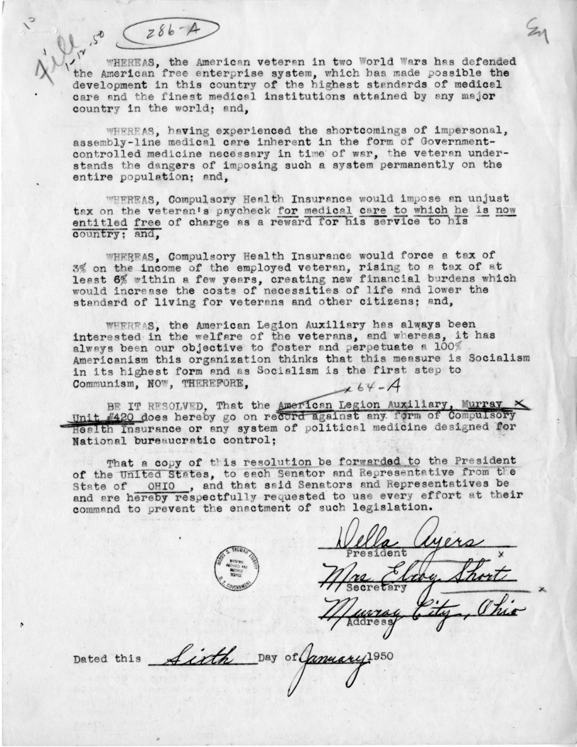 Resolution, American Legion Auxiliary, Murray Unit #420 to President Harry S. Truman