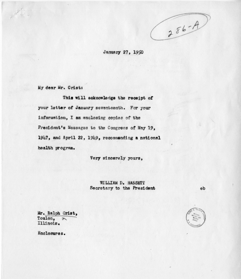 Ralph Crist to Harry S. Truman, with Reply from William D. Hassett