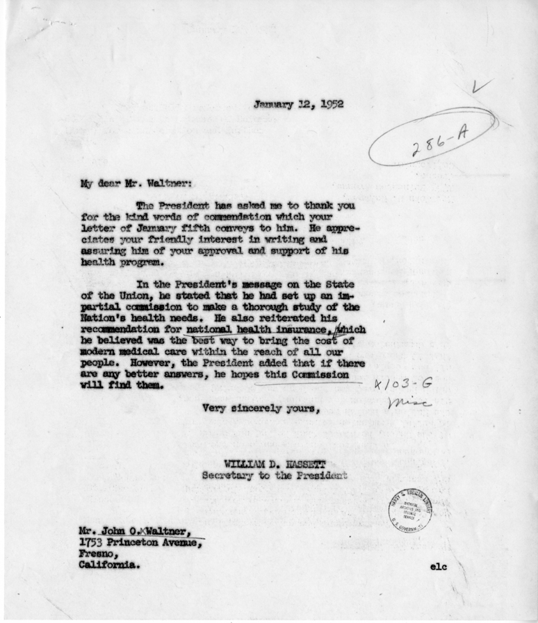 Letter from John O. Waltner to President Harry S. Truman with Reply from William D. Hassett