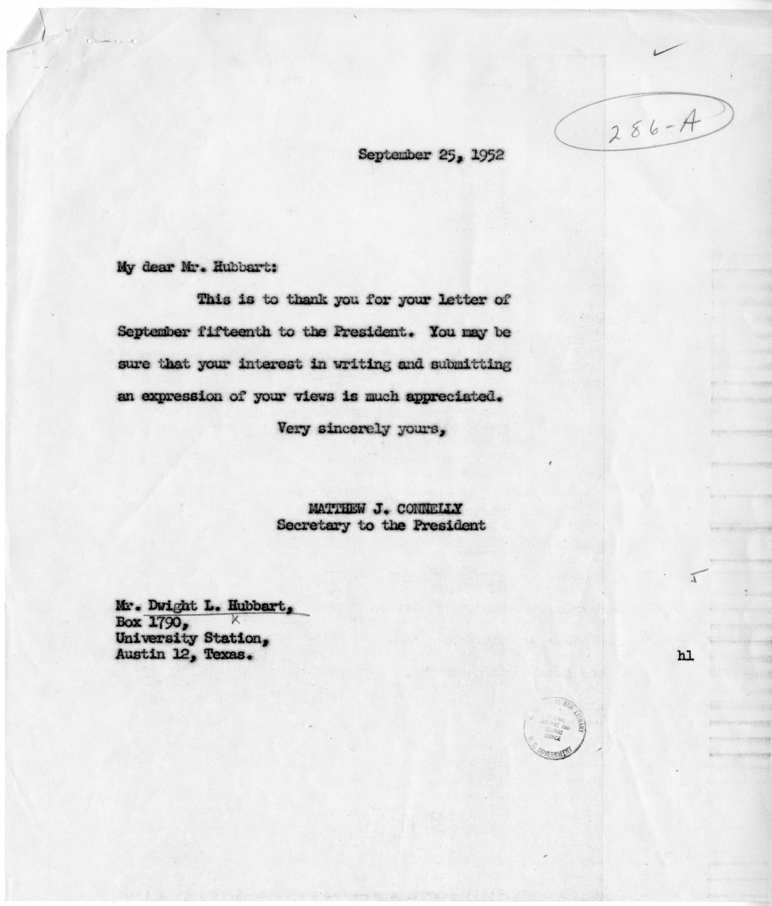 Letter from Dwight L. Hubbart to Harry S. Truman with Reply from Matthew J. Connelly
