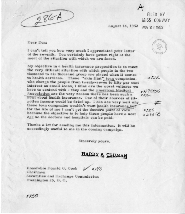 Correspondence Between President Harry S. Truman and Donald C. Cook, with Attachment