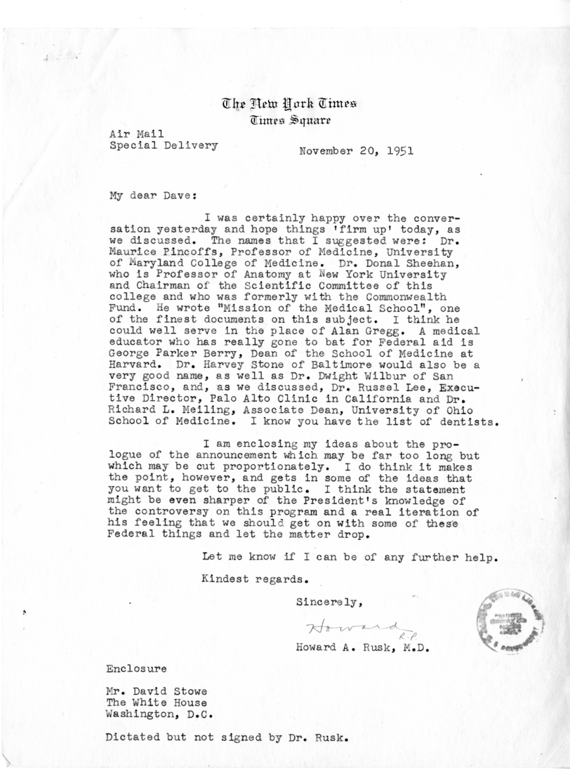 Letter from Howard A. Rusk to David Stowe, with Attachment