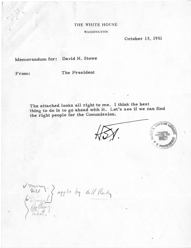 Memorandum from President Harry S. Truman to David Stowe, with Attachments
