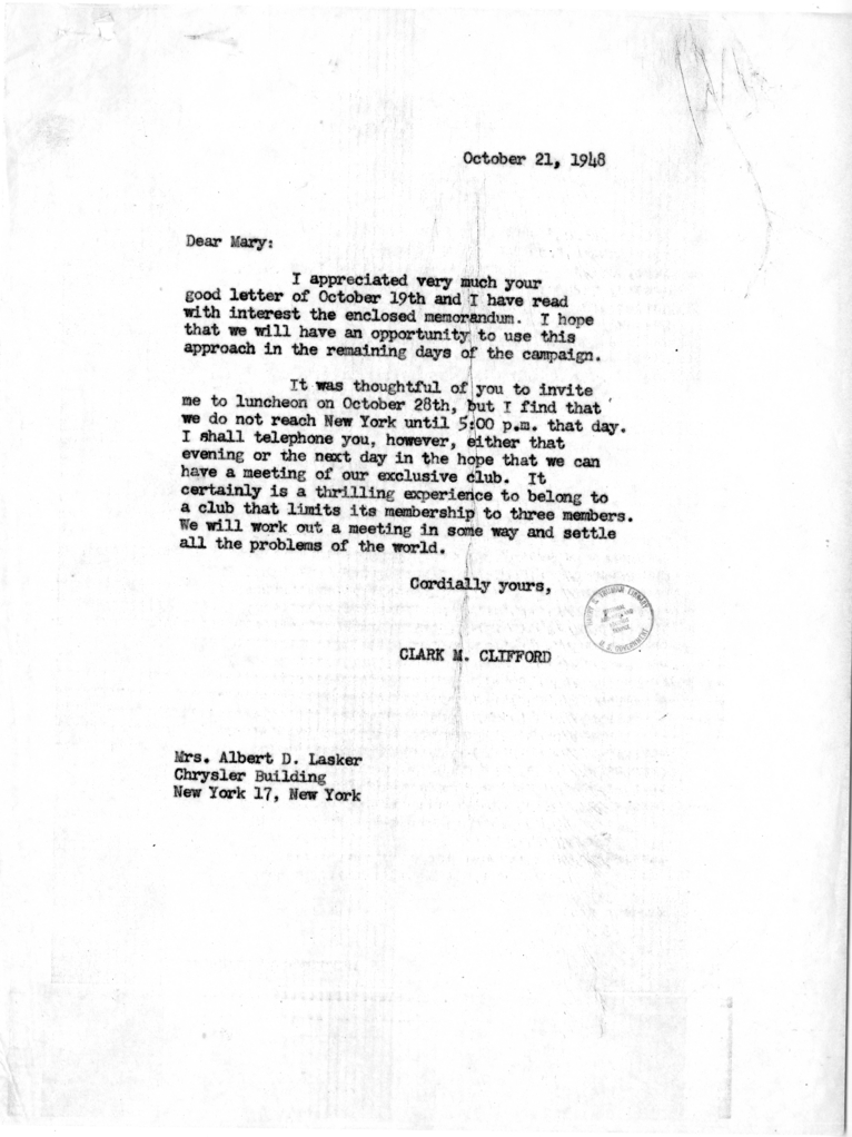 Correspondence Between Clark M. Clifford and Mary Lasker, with Attachments