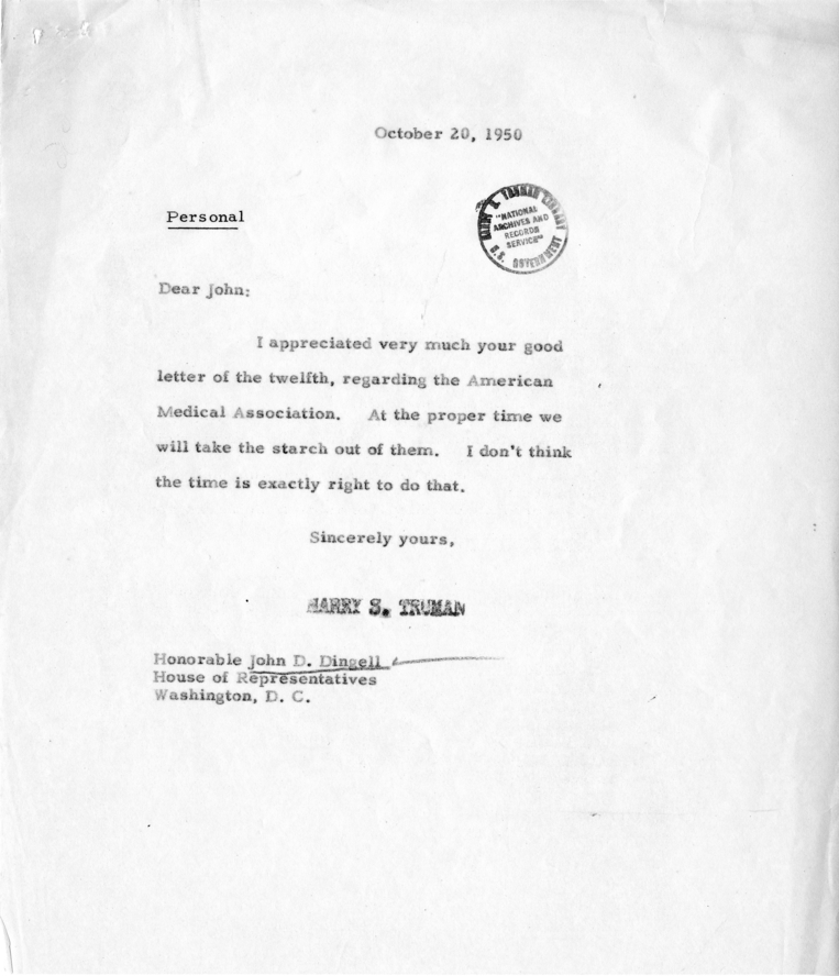 Correspondence Between President Harry S. Truman and Congressman John D. Dingell
