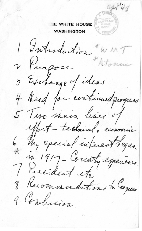 Handwritten Notes by President Harry S. Truman for Speech to National Health Congress