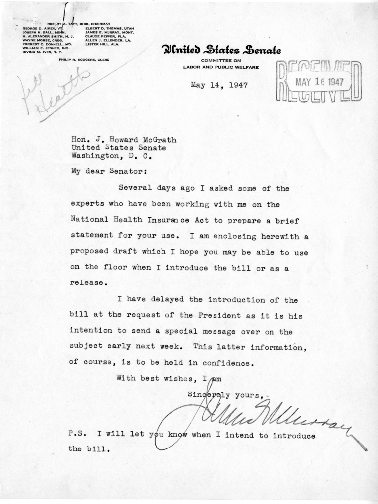 Letter from Senator James E. Murray to Senator J. Howard McGrath, with Attachment