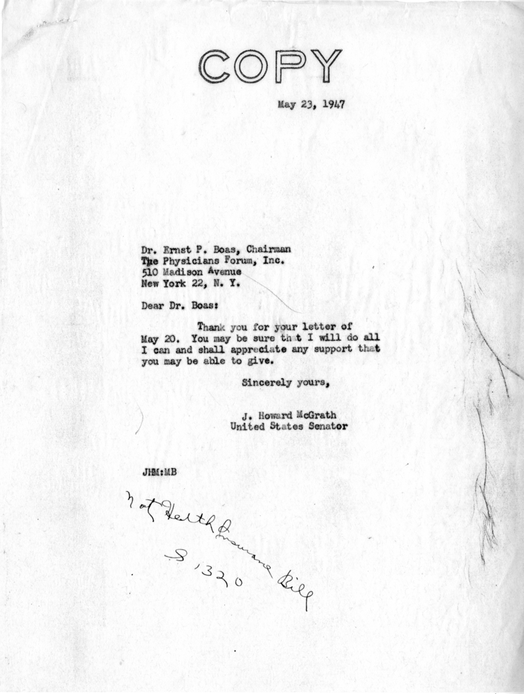 Correspondence Between Ernst P. Boas and Senator J. Howard McGrath