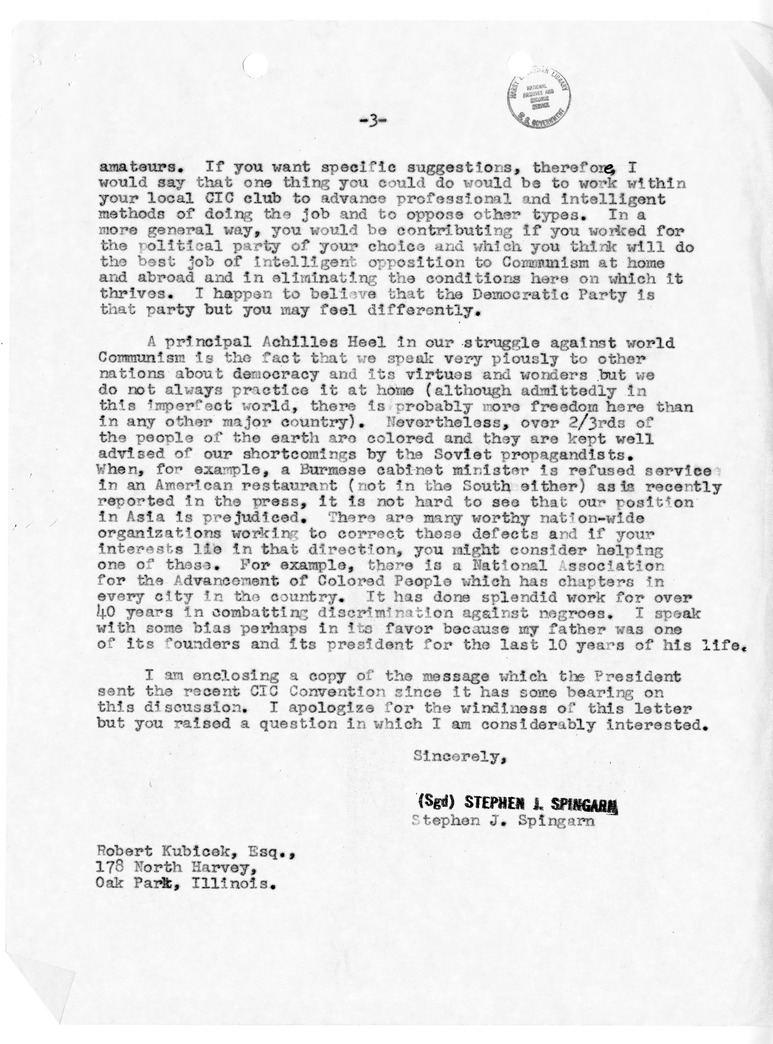 Letter from Stephen J. Spingarn to Robert Kubicek