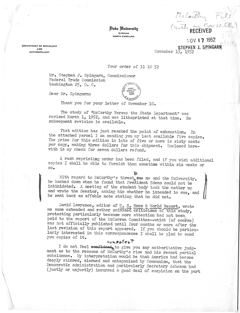 Letter from Hornell Hart to Stephen J. Spingarn