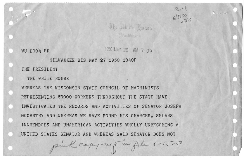Telegram from Henry J. Winkel to President Harry S. Truman, with a Reply from Charles S. Murphy
