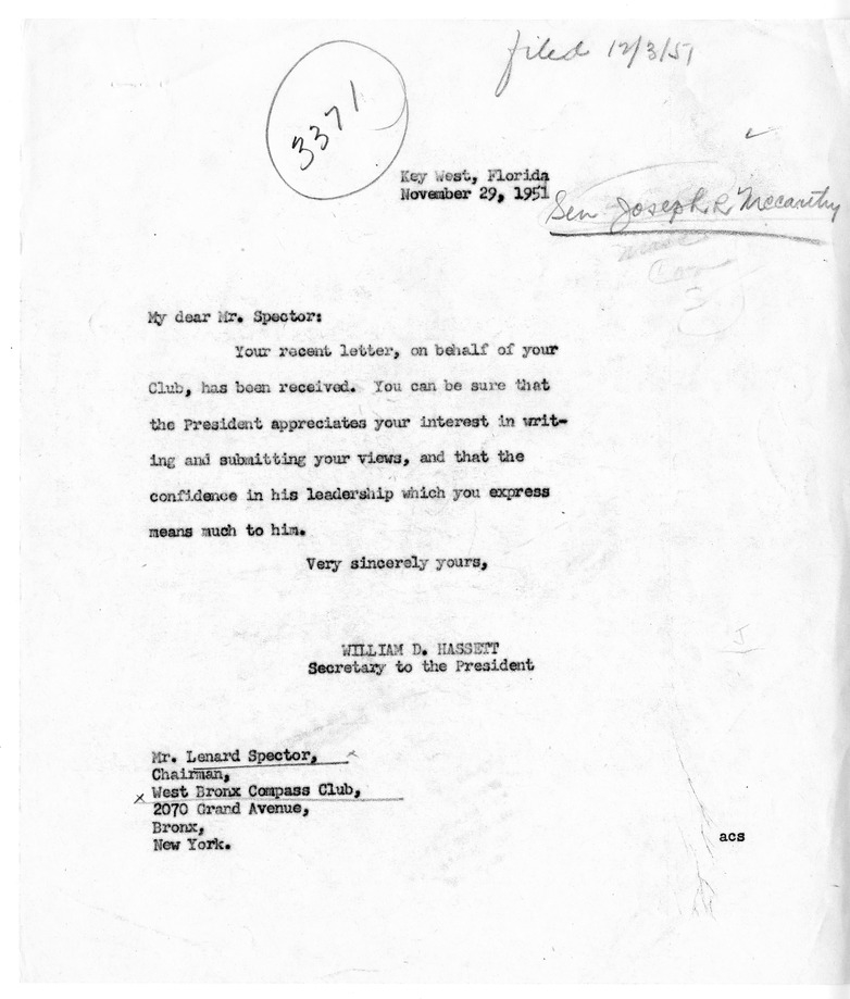 Letter from Lenard Spector to President Harry S. Truman, with a Reply from William Hassett