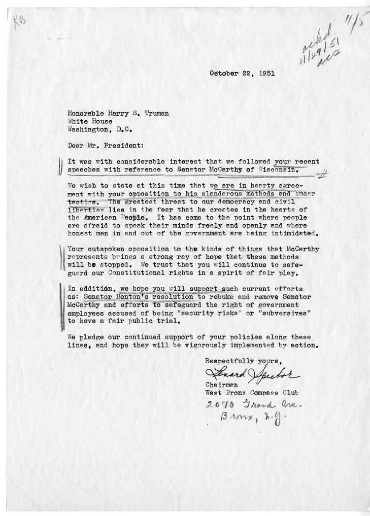 Letter from Lenard Spector to President Harry S. Truman, with a Reply from William Hassett