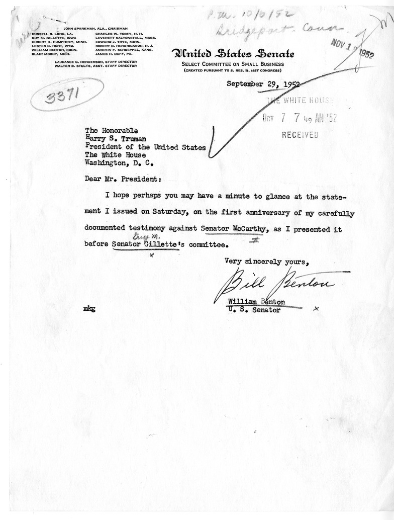 Letter from William Benton to Harry S. Truman, with Attached Statement by Benton