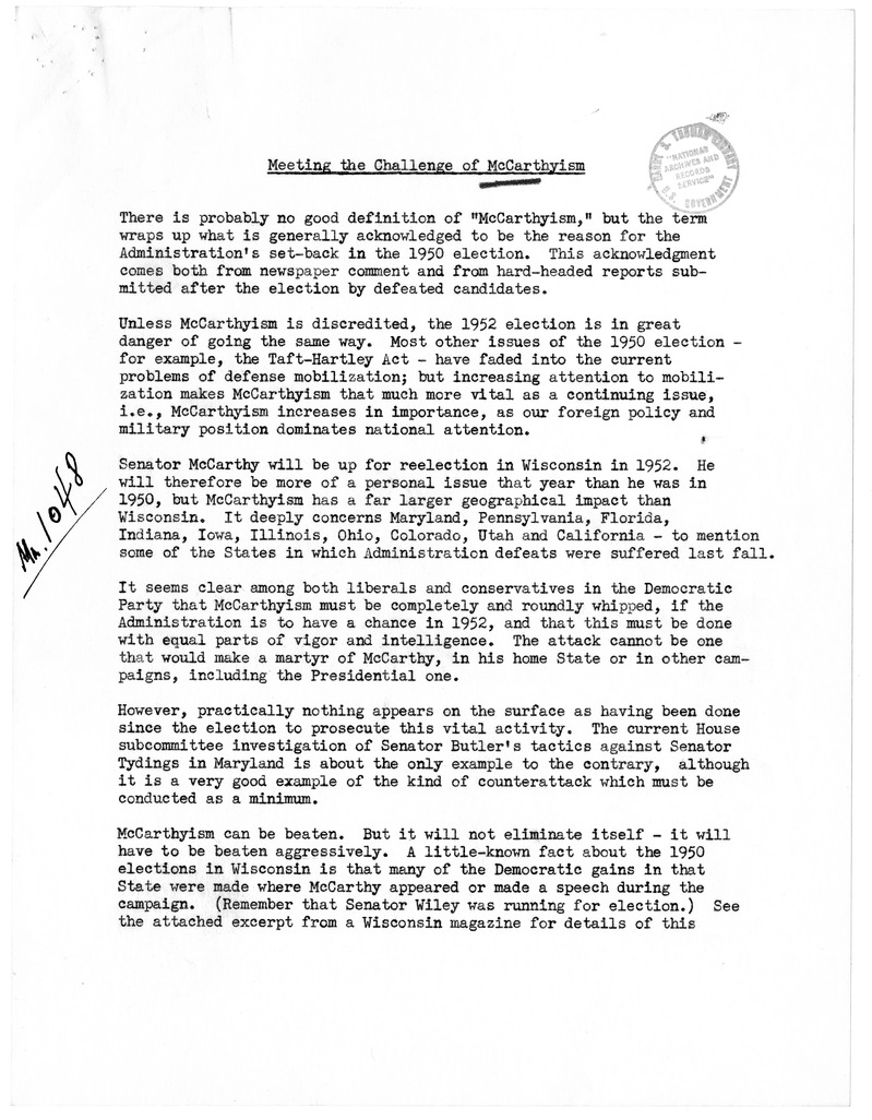 Memorandum, "Meeting the Challenge of McCarthyism"