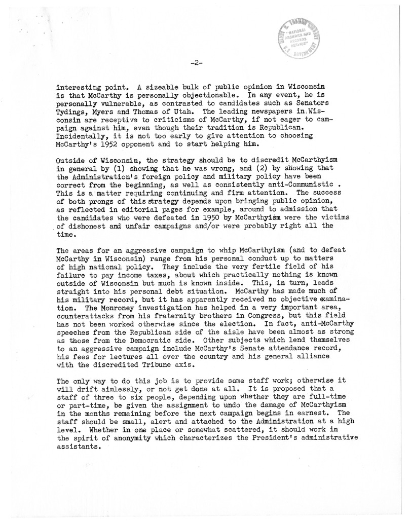 Memorandum, "Meeting the Challenge of McCarthyism"