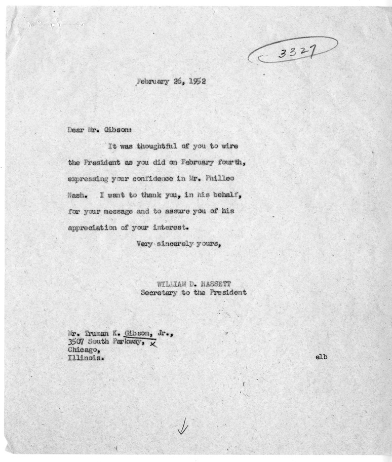 Letter from Truman K. Gibson to President Harry S. Truman, with a Reply from William D. Hassett