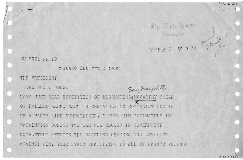 Letter from Truman K. Gibson to President Harry S. Truman, with a Reply from William D. Hassett