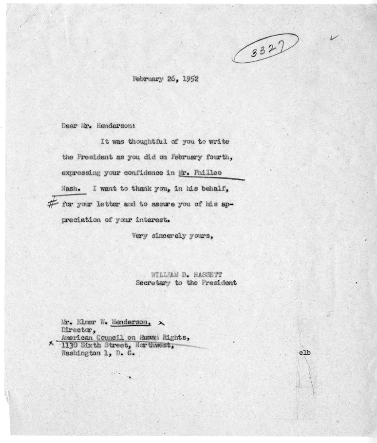 Letter from Elmer W. Henderson to Harry S. Truman, with a Reply from William D. Hassett