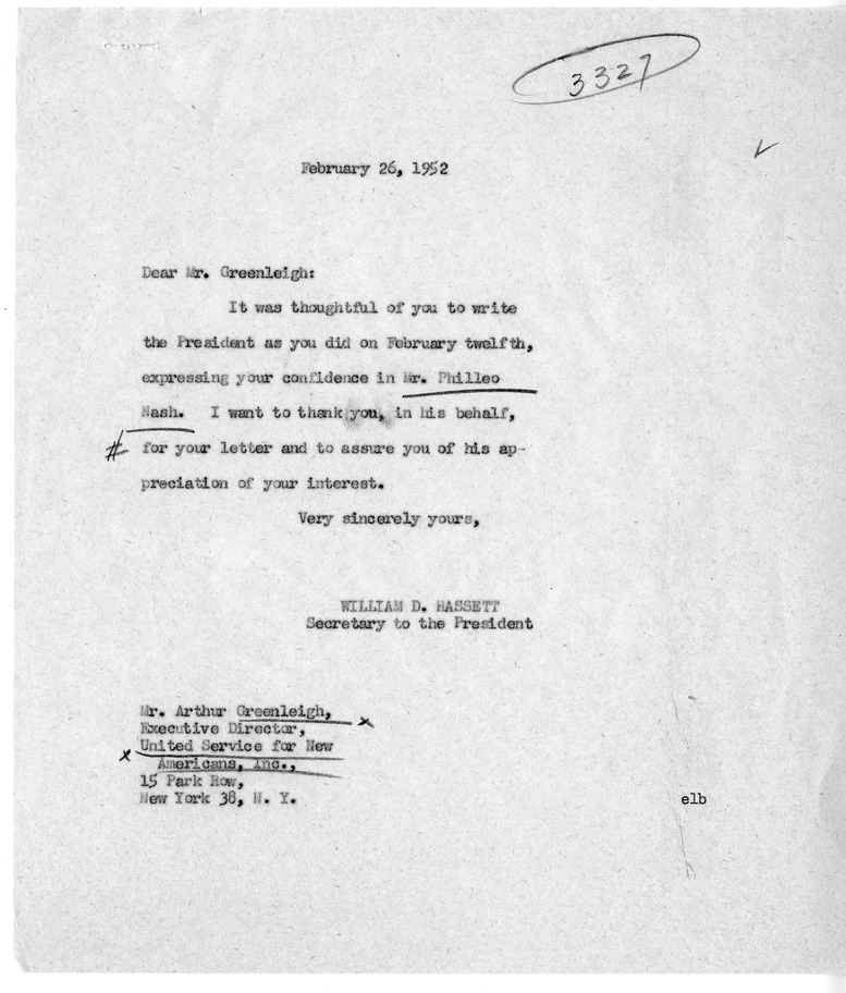 Letter from Arthur Greenleigh to President Harry S. Truman, with a Reply from William Hassett